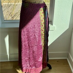 Bohemian Pink Printed Silk Wrap Skirt with Contrast Trim